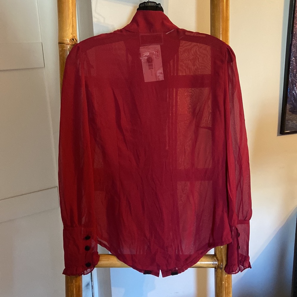 Women's Red Sheer Ruffled Button-Down Shirt - Picture 4 of 6